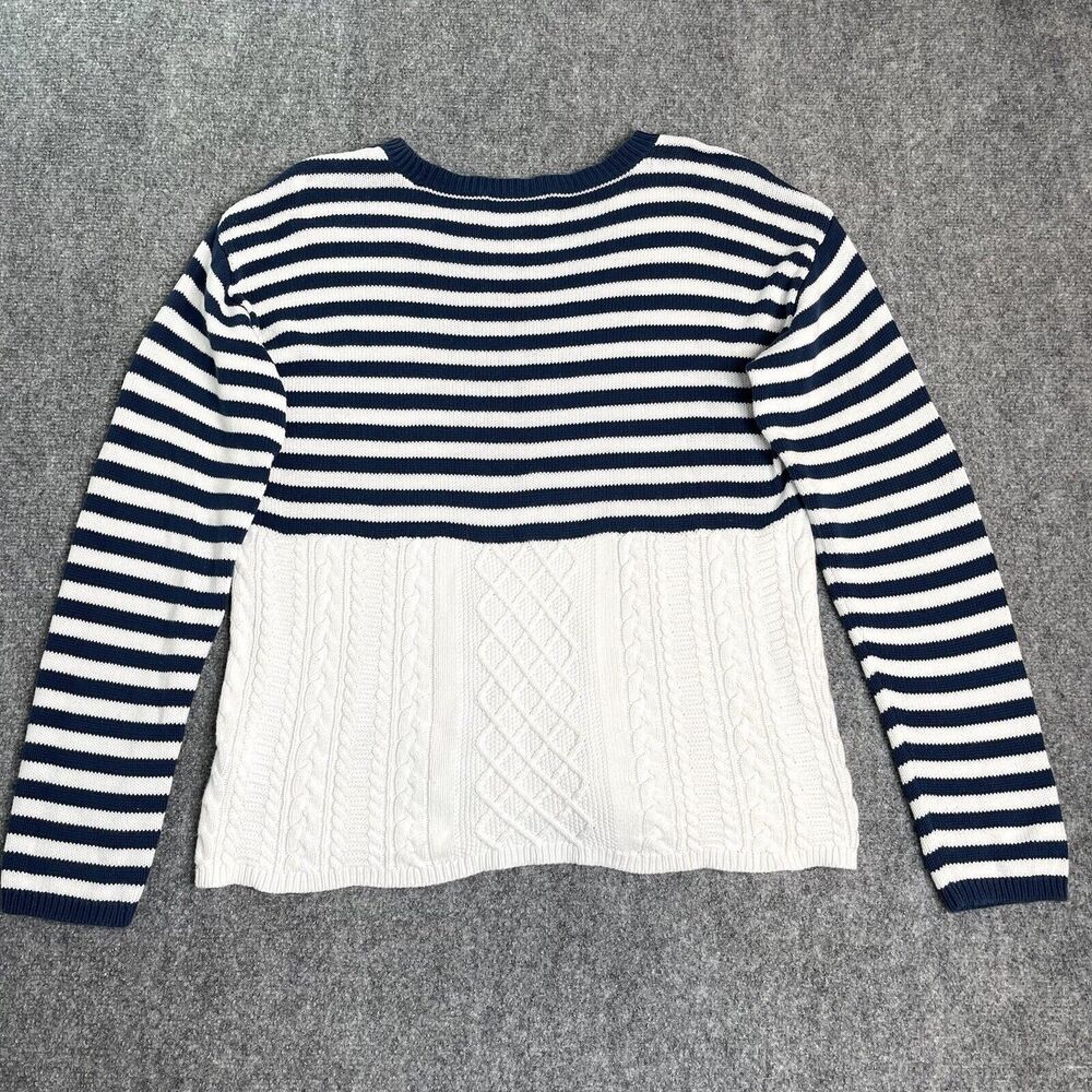 Orvis Sweater Womens Medium Navy Striped Scalloped Hem Button Accent Cotton - Picture 2 of 10